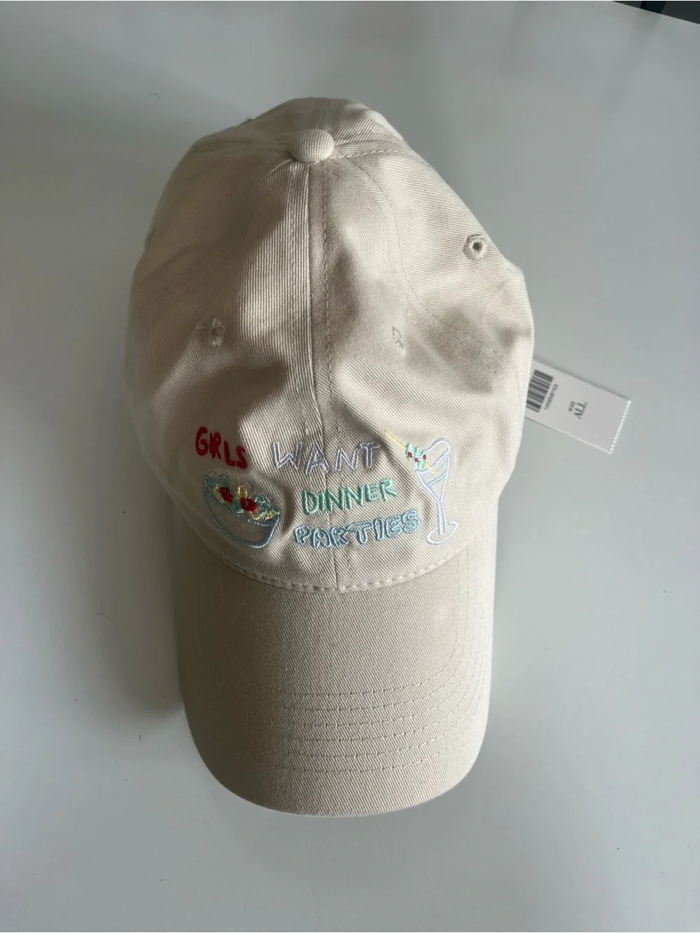 Anthropologie Cream Baseball Cap “Girls want Dinner Parties”